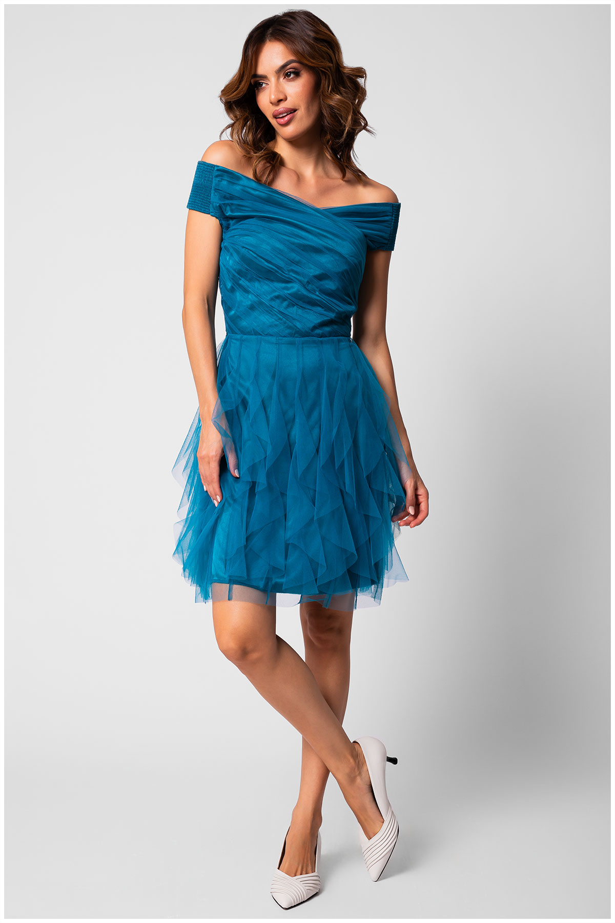 Elegant turquoise short dress with tulle | Luna Fashion House
